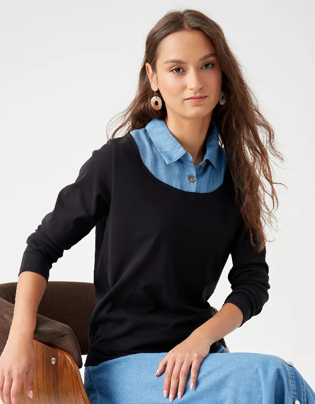 Faux Layered Top with Collar Blouse Black Blue DenimCashmere Shirts