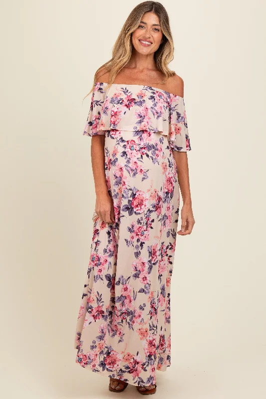 Slit DressIvory Floral Off Shoulder Maternity Maxi Dress