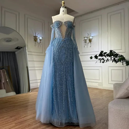 2025 Blue Mermaid Evening Gown with Gloves and OverskirtCasual Skirt