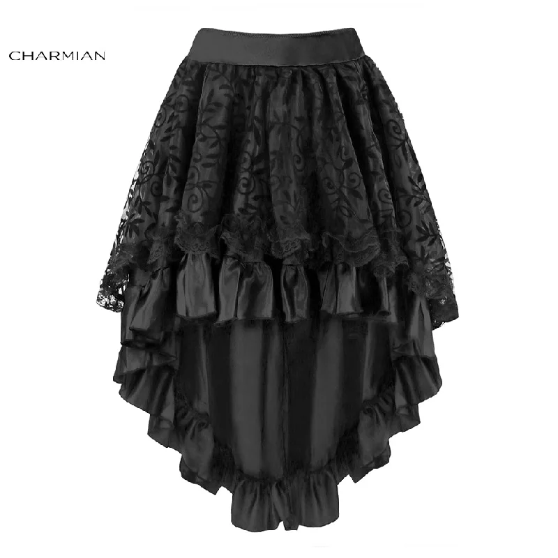 Charmian Women's Steampunk Gothic Vintage Skirt Black Floral High Low Skirt Sexy Wedding Party Lace Skirt with ZipperMilitary Skirt