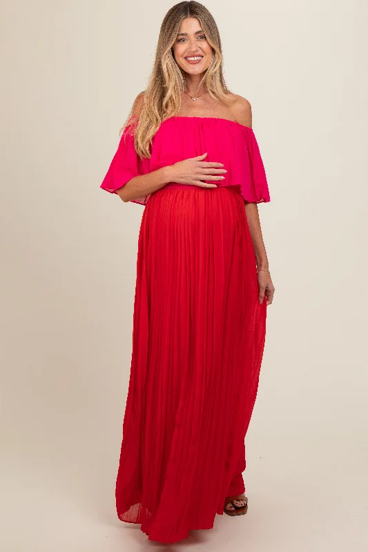 Golf DressRed Pleated Off Shoulder Colorblock Maternity Maxi Dress