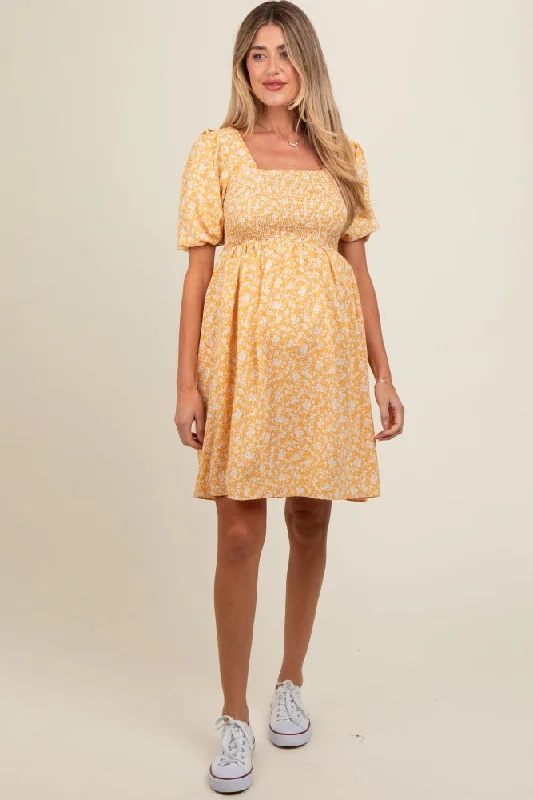 Boho DressYellow Floral Smocked Tie Back Maternity Dress