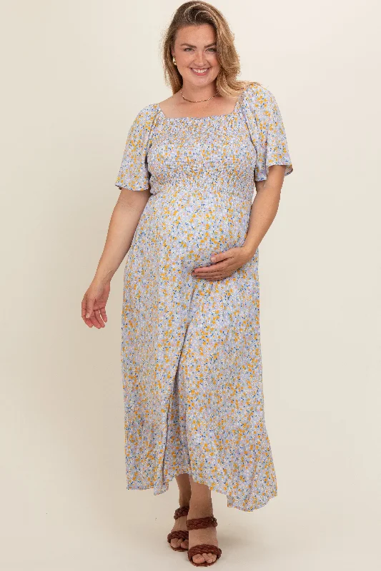 Sheer DressLight Blue Floral Smocked Plus Maternity Maxi Dress