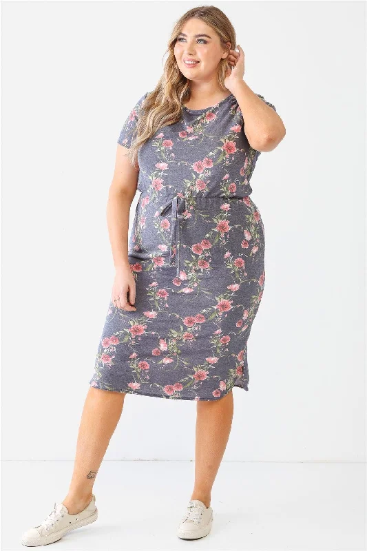 Office DressJunior Plus Grey Flower Short Sleeve Crew Neck Midi Dress /1-2-2