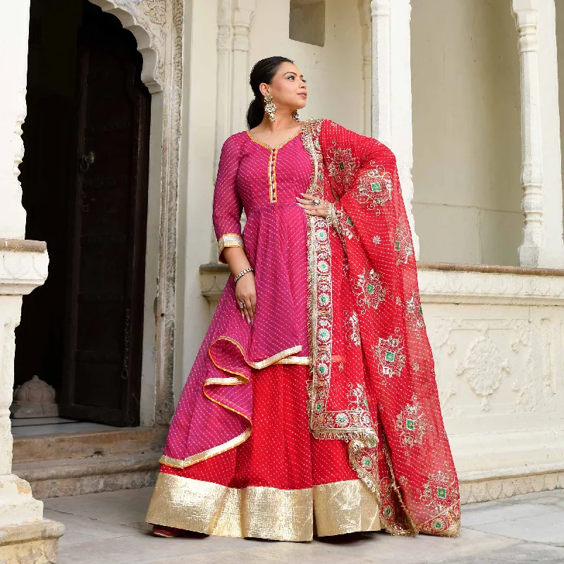 Mehfil Ki Rani- Pink & Red Mothra Embroidered Asymmetrical Lehenga Set