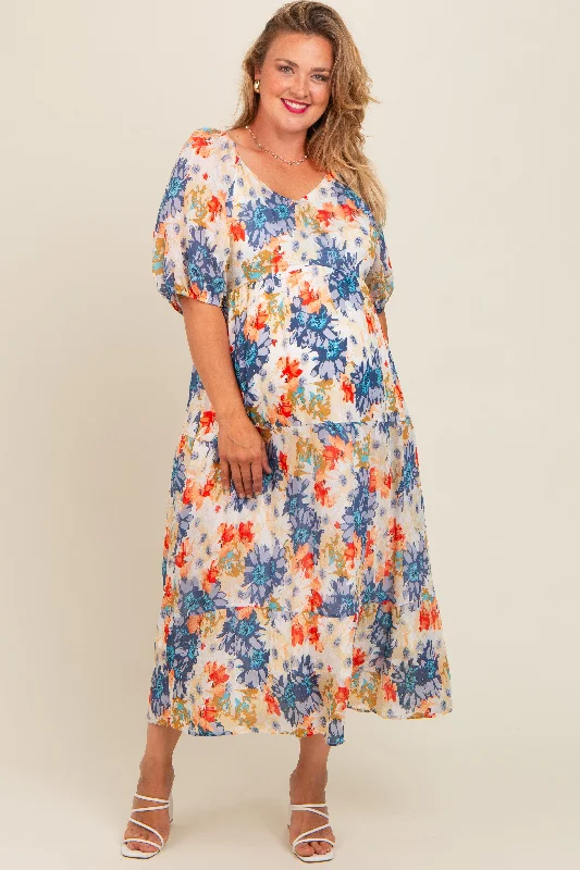 School DressNavy Blue Floral V-Neck Short Puff Sleeve Tiered Maternity Plus Midi Dress