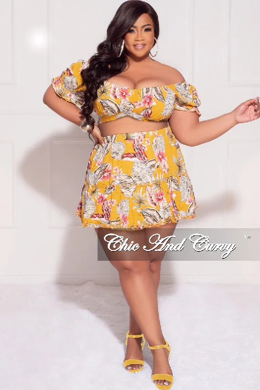 Final Sale Plus Size 2pc Off the Shoulder Crop Top and Skirt Set in Mustard Floral PrintDivided Skirt