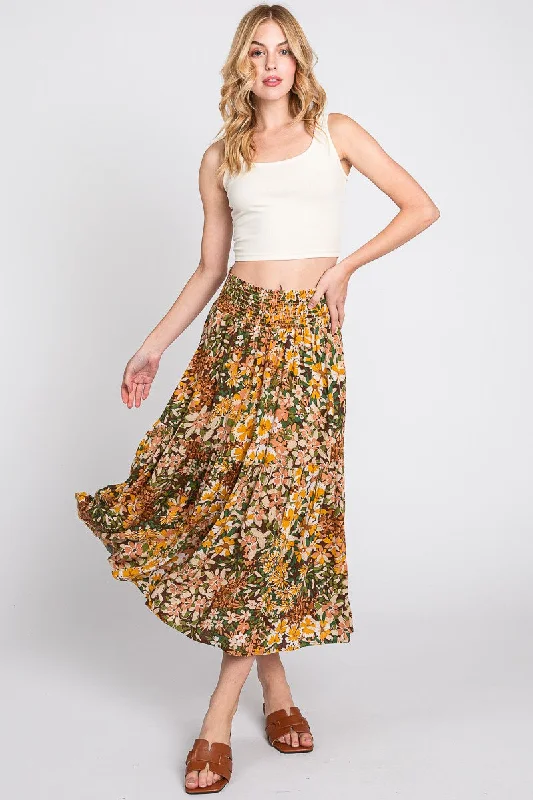 Brown Floral Smocked Waist Tiered Midi SkirtPrinted Skirt