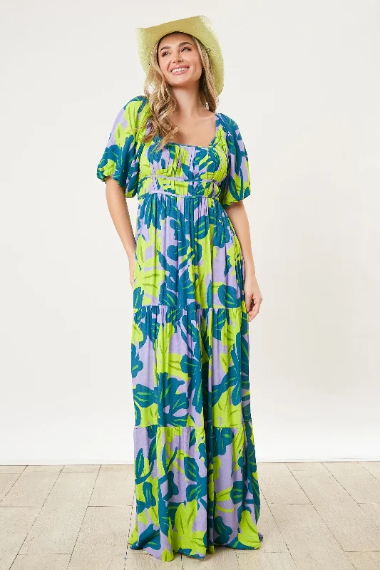 Tutu DressTeal Leaf Print Printed Puff Sleeve Maxi Dress