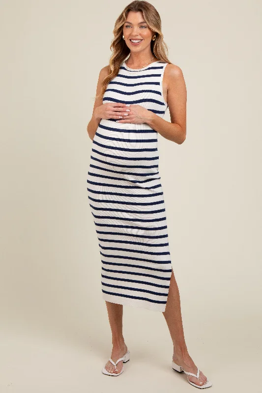 Floral DressWhite Navy Striped Knit Sleeveless Side Slit Maternity Midi Dress