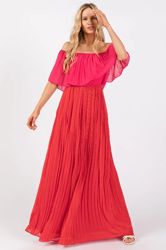 Fleece-lined DressRed Pleated Off Shoulder Colorblock Maxi Dress