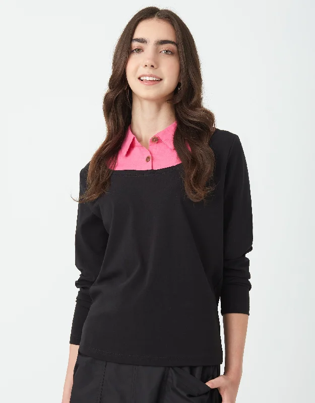 Faux Layered Top with Collar Blouse Black Black FuchsiaBamboo Shirts