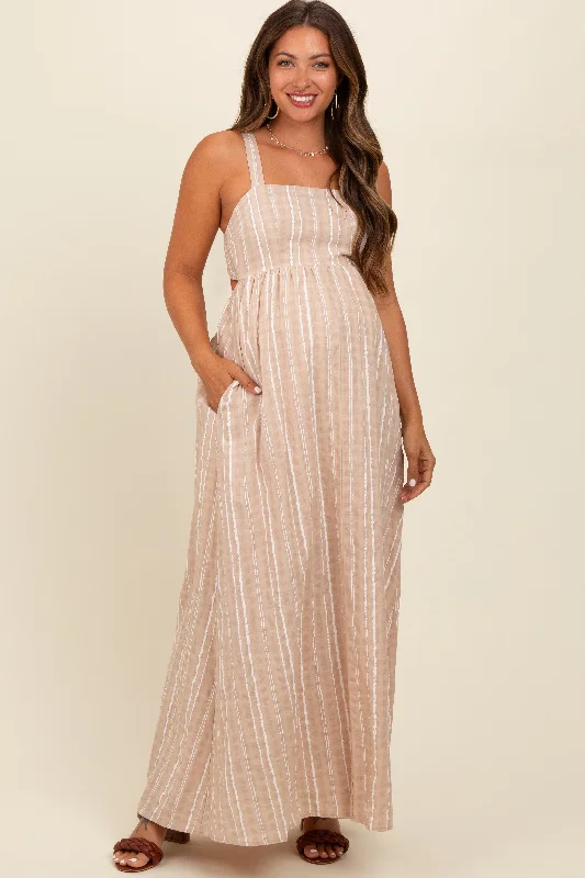 Ballet DressBeige Striped Back Cut Out Maternity Maxi Dress