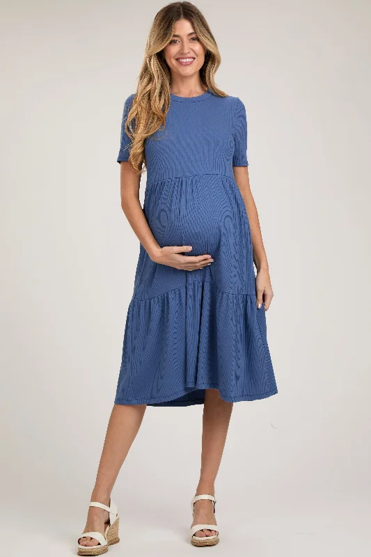 Velvet DressBlue Ribbed Tiered Maternity Midi Dress