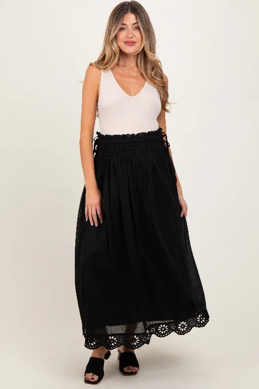 Black Smocked Waist Eyelet Lace Hem Maternity Maxi SkirtSarong