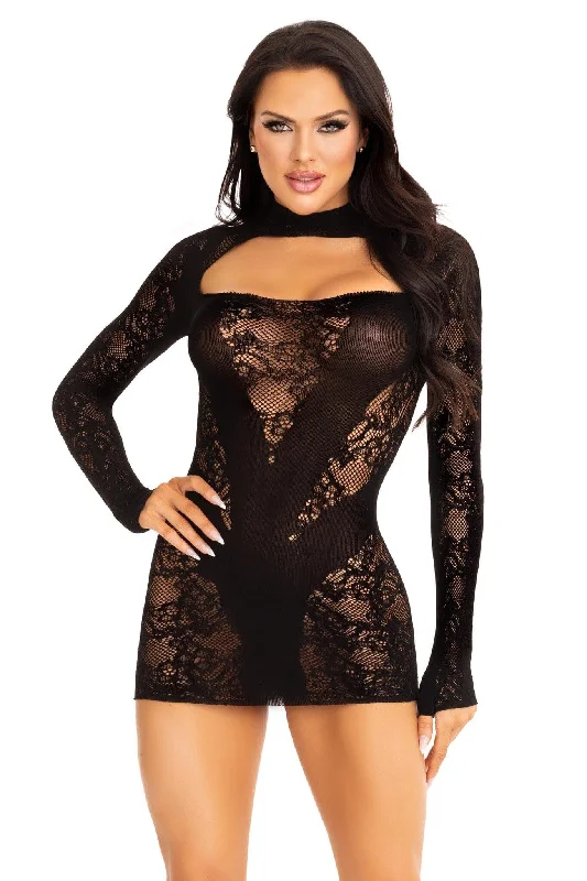 Sleeveless DressLace Keyhole Mini Dress, Opaque Panel And Gloved Sleeves