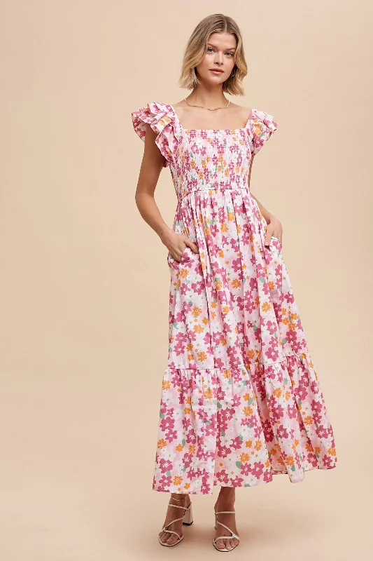 Floral DressPink Floral Smocked Ruffle Sleeve Maxi Dress