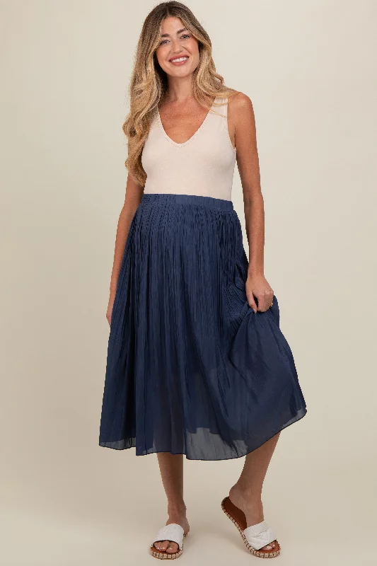 Navy Blue Pleated Maternity Midi SkirtVelvet Skirt