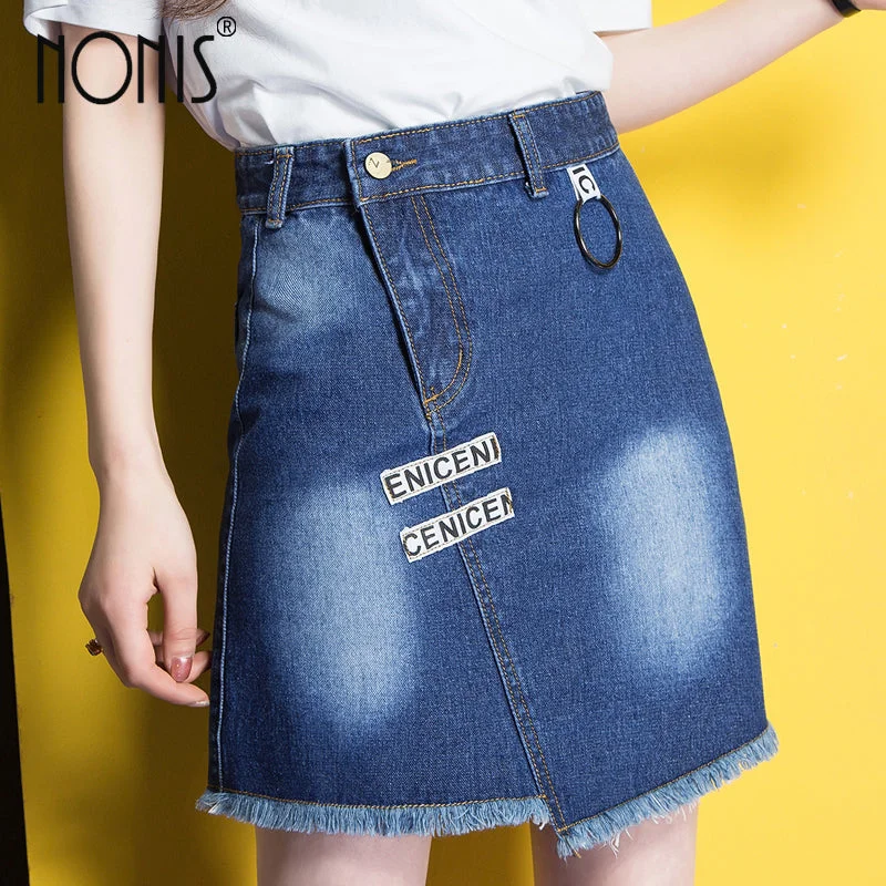 Nonis 2017 New Summer Women Skirt American A-line High Waist Denim Skirts Short Vintage Woman cowgirl Mini Jeans Skirt S-XPrinted Skirt