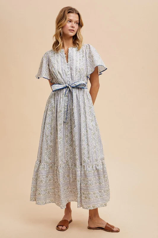 Wedding DressBlue Floral Flutter Sleeve Waist Tie Maxi Dress