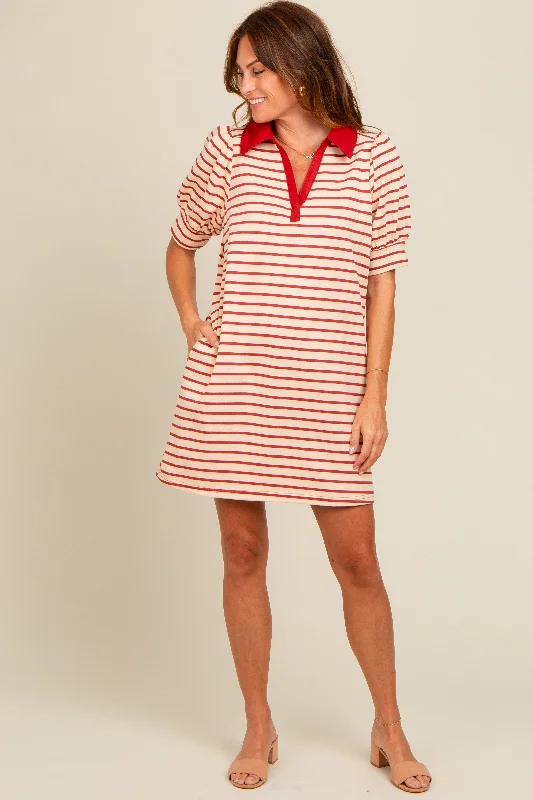 Ball GownCream Striped Collared Puff Sleeve Dress