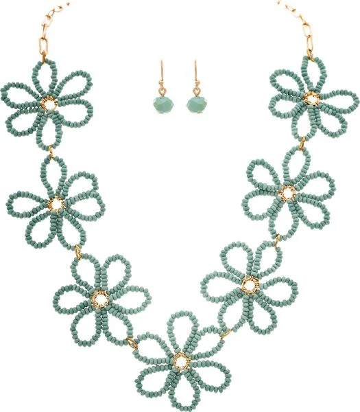 Gold Green Beaded Flower Links Necklace Set