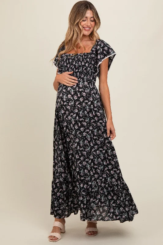 Lace DressBlack Floral Smocked Crochet Trim Maternity Dress