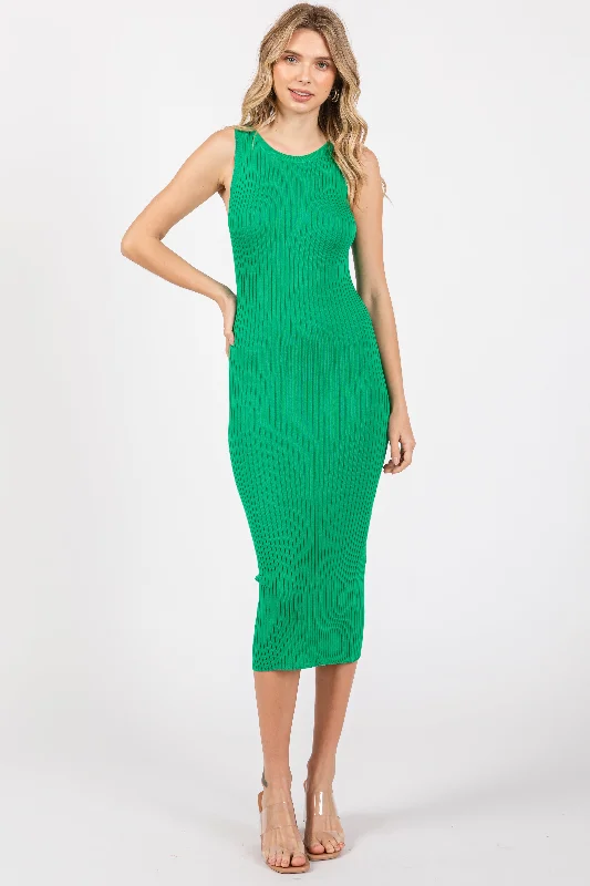 Satin DressGreen Sleeveless Ribbed Midi Dress