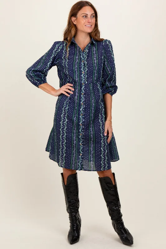 Athletic DressNavy Floral Striped Button Down Midi Dress