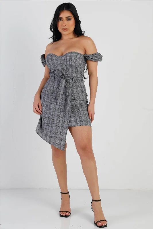 Lace DressGrey Plaid Belted Asymmetric Hem Bustier Mini Dress /3-2-1