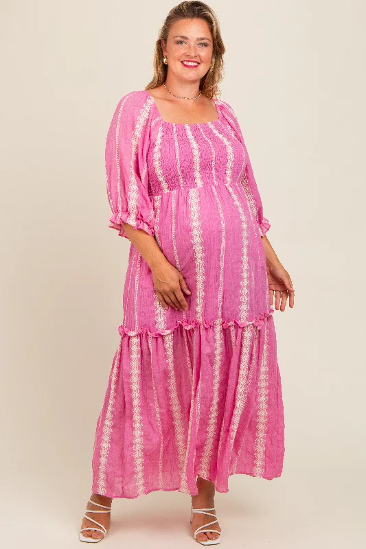 Wind DressPink Embroidered Detail Smocked Top Plus Maternity Maxi Dress