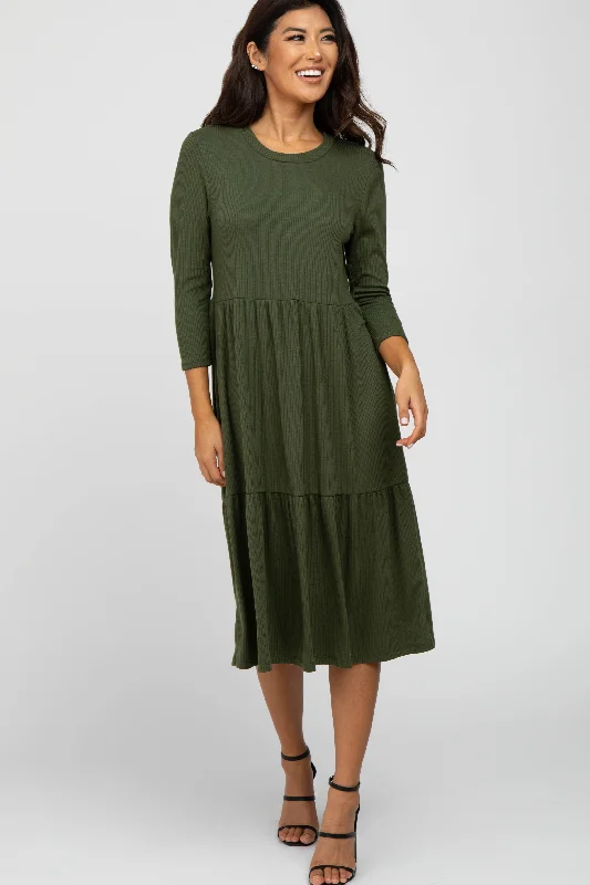 T-shirt DressOlive Tiered Ribbed 3/4 Sleeve Midi Dress