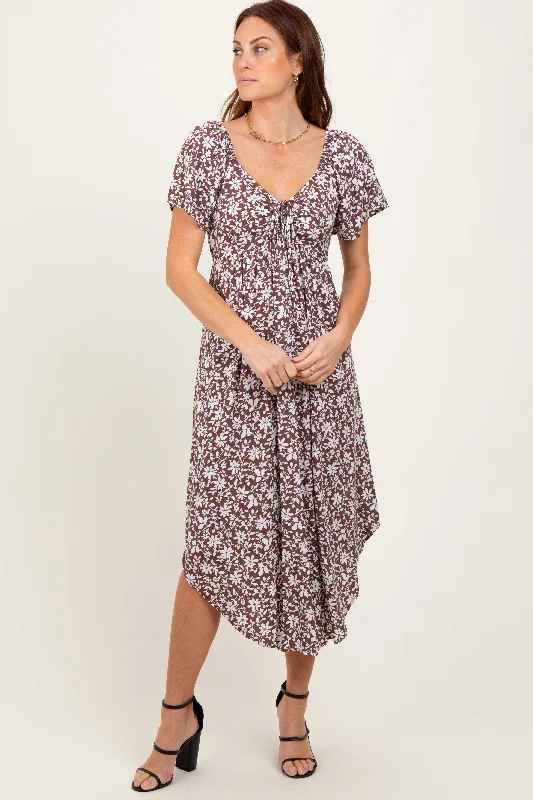 Sweater DressBrown Floral Ruched Tie Front Midi Dress