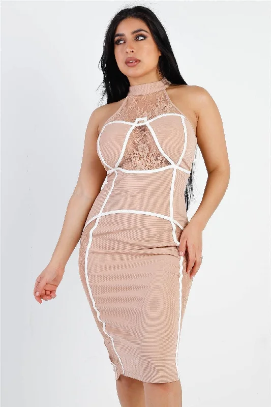 Leather DressNude Textured Lace Inserts White Stitch Details Back Lace Up Bodycon Midi Dress /2-2-1