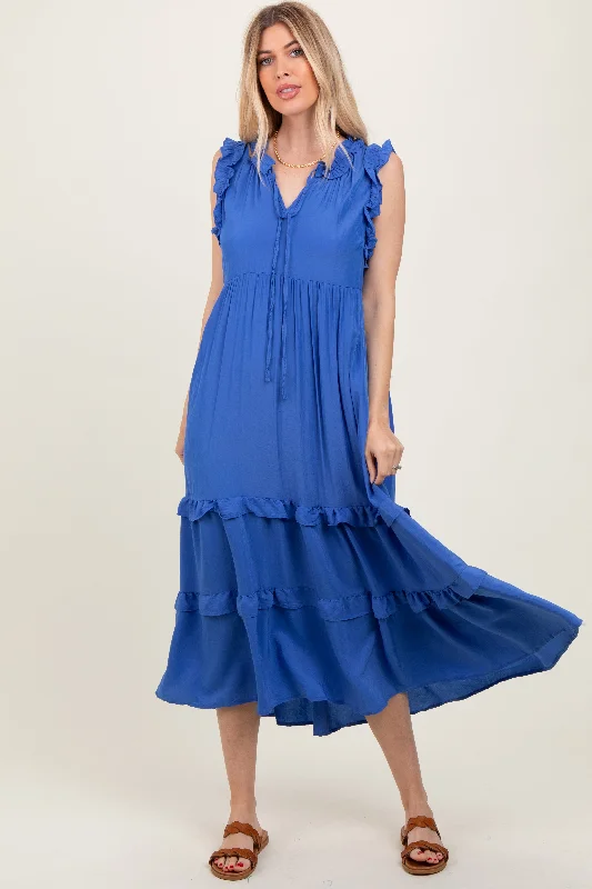 Cocktail DressBlue Ruffle Accent Tiered Front Tie Midi Dress