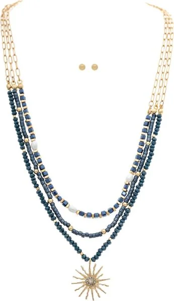 Blue Beaded Sunburst Necklace Set