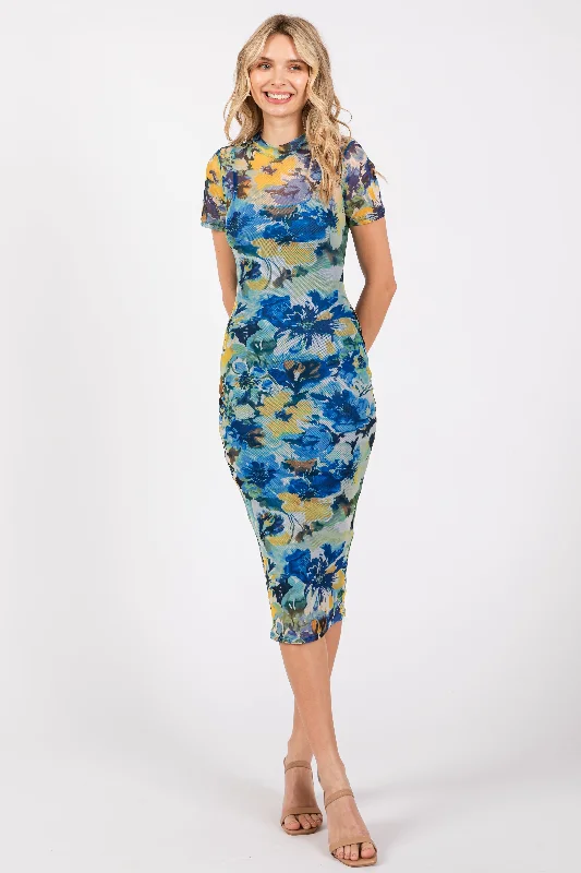 Peplum DressBlue Floral Mesh Short Sleeve Midi Dress