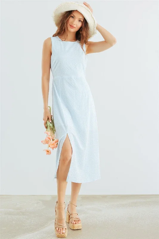 Kimono DressWhite & Blue Plaid Sleeveless Cut-Out Back Midi Dress /2-2-2