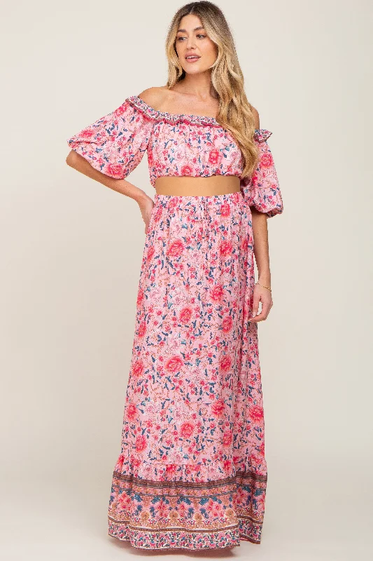 Pink Floral Off Shoulder Maternity Maxi Skirt SetCheerleader Skirt