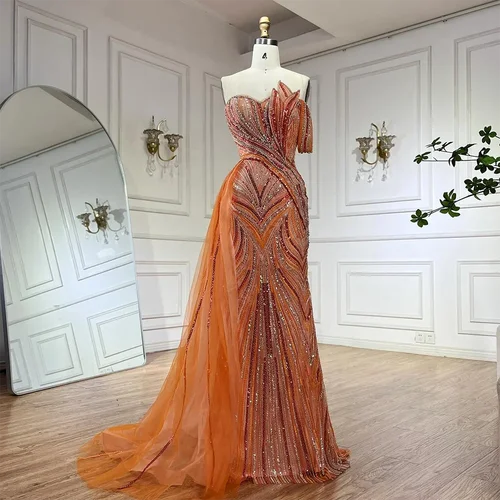 2025 Orange Strapless Beaded Evening Gown with Side SkirtFormal Skirt