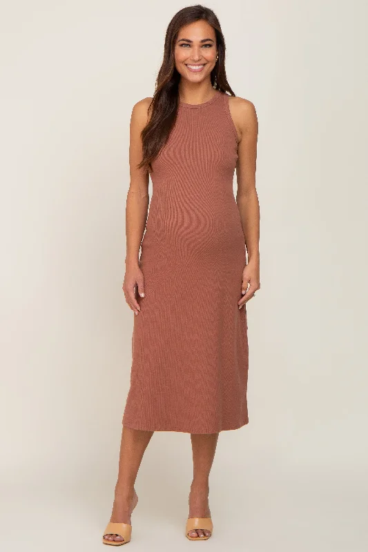 Lace DressRust Ribbed Sleeveless A-Line Maternity Midi Dress