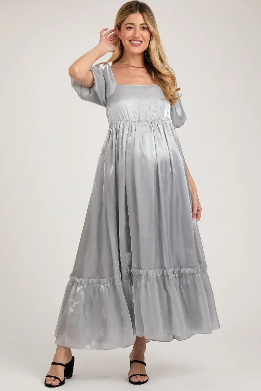 Office DressSilver Satin Square Neck Short Puff Sleeve Maternity Maxi Dress