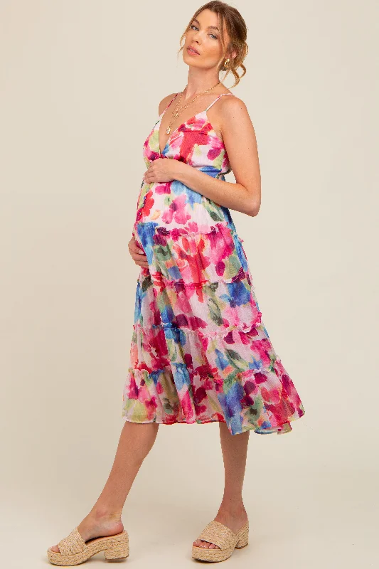 Cocktail DressPink Watercolor Deep V-Neck Tiered Maternity Midi Dress