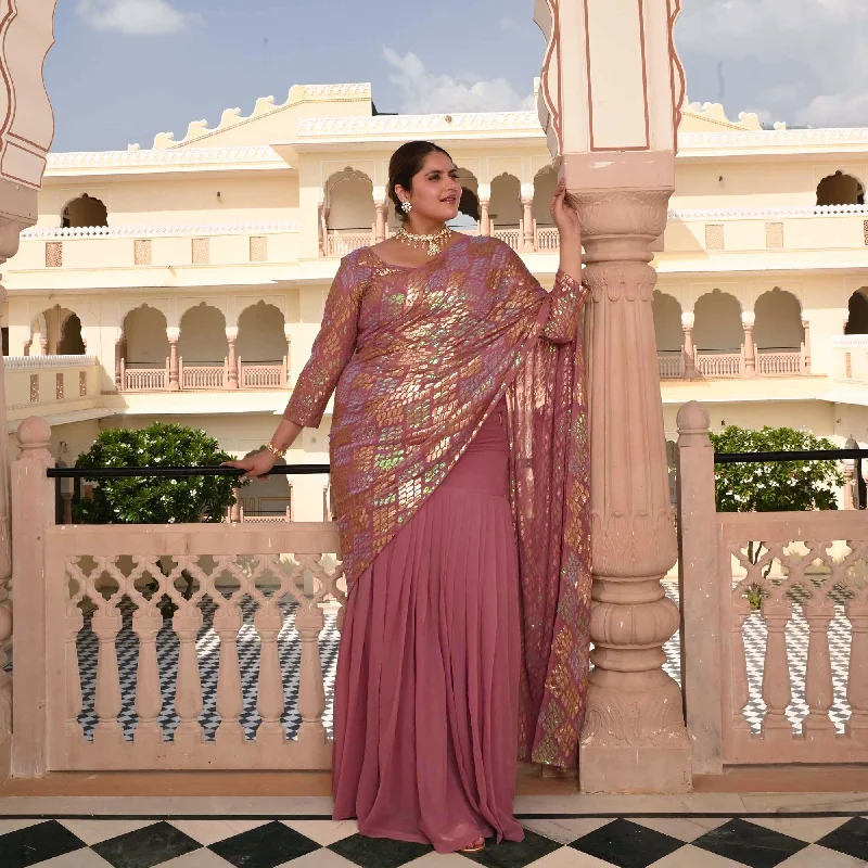 Misty Rose Metallic Sequin Embroidered Drape Saree Set