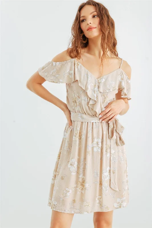 Edwardian DressTaupe & White Floral Cold Shoulder Wrap Neck Ruffle Belted Mini Dress /1-3-3