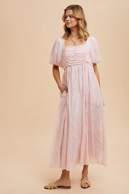 Prom DressLight Pink Embroidered Shirred Puff Sleeve Maxi Dress