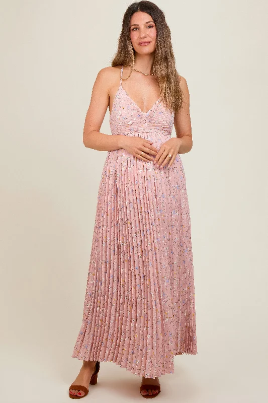 Shift DressLight Pink Floral Pleated Back Cutout Maternity Maxi Dress