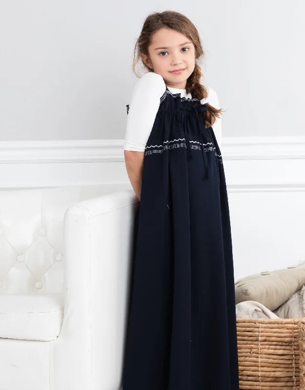 Girls Maxi Jumper Shabbos Robe with Drawstring Bow and Zig Zag Trim