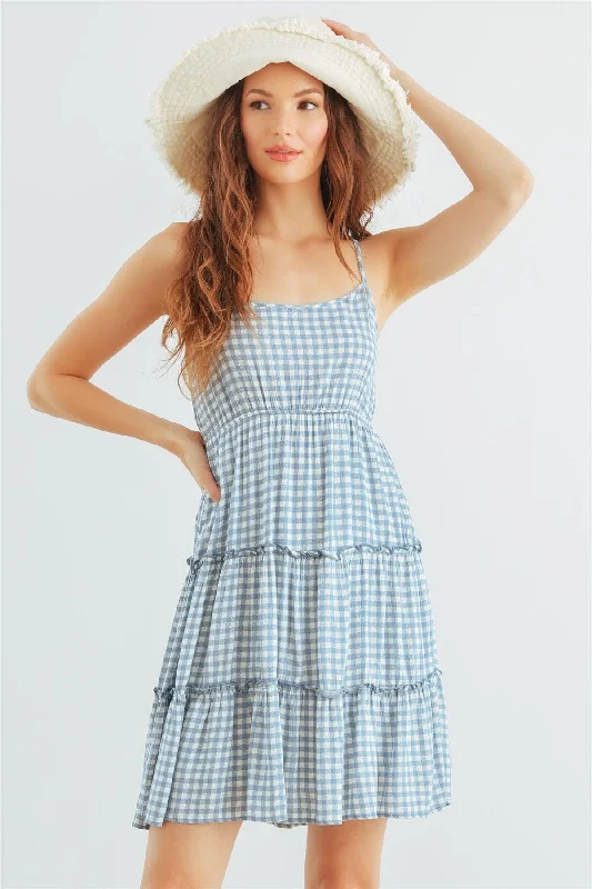 Insulated DressWhite & Blue Plaid Strappy Ruffle Mini Dress /2-2-2