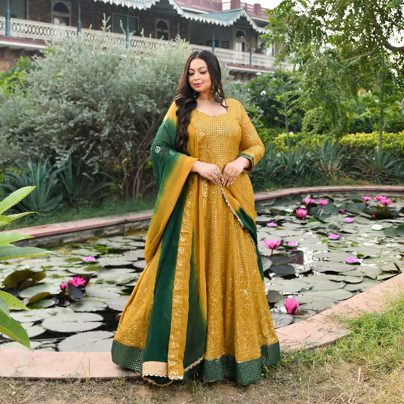 Amber Glow & Pine Thread Embroidered Pure Georgette Anarkali Set